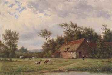 Landschap met boerderij, koeien en figuren